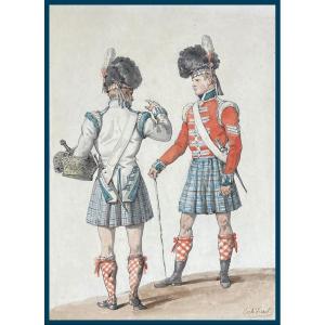 VERNET Carle (1758-1836) "Deux soldats écossais" Dessin/Plume et aquarelle, signé, Cadre 19e