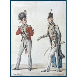 Vernet Carle (1758-1836) "english And Scottish Officers" Drawing/pen, Watercolor, Signed, Frame