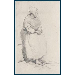 Delaroche Paul (1797-1856) "the Good Woman" Black Pencil Drawing, Annotated On Period Montage