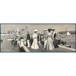 English School 1906 "the Royal Yacht Squadron, Cowes Castle, Isle Of Wight N°1" Gouache, Signed