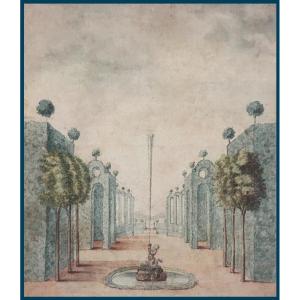 ECOLE FRANÇAISE 17E SIECLE "Jardin et fontaine" Dessin à la plume et aquarelle