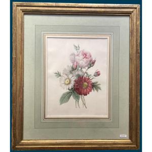 Redouté Pierre-Joseph (1759-1840) "Fleurs" Aquarelle sur vélin, Annoté, Cadre 19e