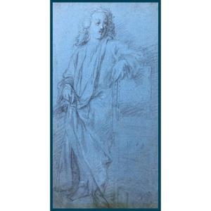 French School Early 18th Century "draped Figure" Drawing/black Chalk, White Chalk On Blue Paper