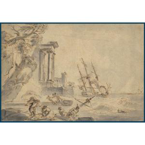 LALLEMAND Jean-Baptiste (1716-1803) "Paysage de bord de mer" Dessin à la plume et au lavis gris