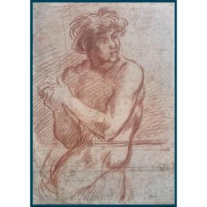 ECOLE ITALIENNE 17E SIECLE "Etude d'homme nu" Dessin au crayon sanguine