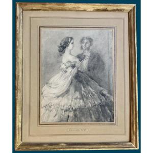 Guys Constantin (1802-1892) "a Couple" Gray Wash Drawing