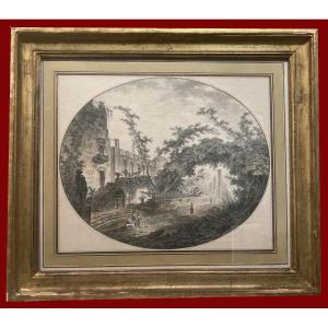 Pernet Jean-henri-alexandre (1763-1789) "fantasy Architectures" Pair Of Drawings/pen, Frame