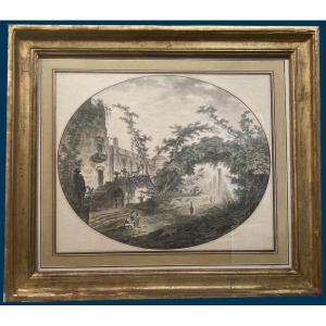 Pernet Jean-henri-alexandre (1763-1789) "fantasy Architectures" Pair Of Drawings/pen, Frame