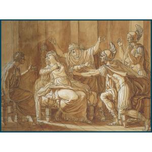 Neo-classical French School Late 18th Century "the Death Of Lucretia" Drawing/pen And Brown Wash