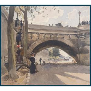 Lecomte Paul (1842-1920) "characters And Bridge In Paris" Watercolor, Signed