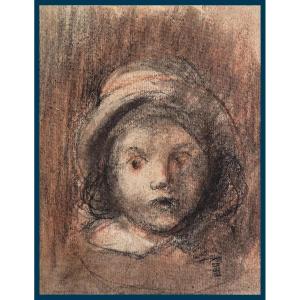 Puvis De Chavannes Pierre (1824-1898) "young Boy With A Hat" Drawing/black Pencil, Red Chalk, Stamp