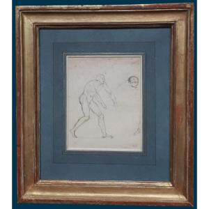 David Jacques Louis (1748-1825) "study Of A Man And A Head" Black Pencil Drawing, Late 18th Century Frame