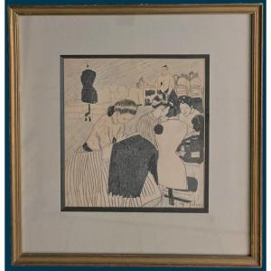 GALANIS Dimitrio Emmanuel (1882-1966) "Les couturières" Dessin au crayon noir, encre, Signé