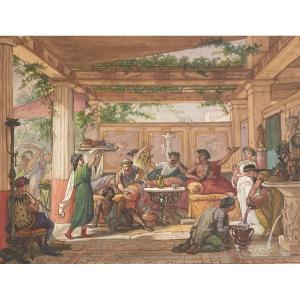 Fossey Félix (1826-1899) "pompeian Scene" Drawing/watercolor, Gouache, Signed With The Monogram