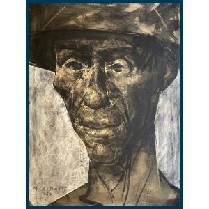 Delmotte Marcel (1901-1984) "portrait Of A Man" Drawing/black Pencil, Ink Wash,scraping, Signed