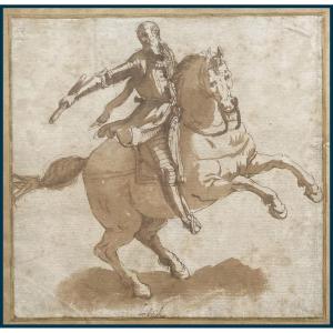 Italian School 17th Century "a Marshal On Horseback" Pen And Brown Wash Drawing