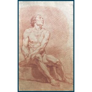 French School 18th Century "seated Man Academy" Red Chalk Drawing