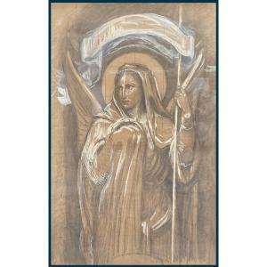 BOREL Paul (1823-1913) "Une Sainte" Dessin au fusain et gouache blanche