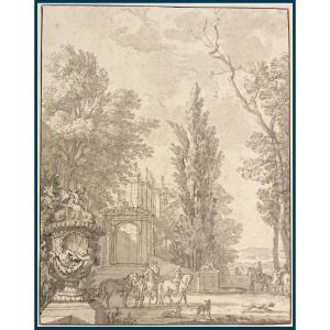 Isaac Moucheron De (1667-1744) "animated Landscape" Pen And Gray Wash Drawing