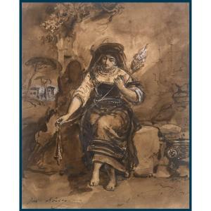 Boilly Jules (1796-1874) "the Spinner" Drawing In Brown Wash And White Gouache, Signed