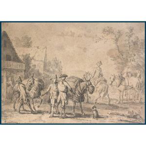 Verdussen Jan Peeter (1700-1763) "figures And Horses" Drawing/pen And Gray Wash, Signed