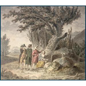 Wille Johann Georg (1715-1808) "landscape And Figures" Drawing/pen, Watercolor, Trace Of Signature