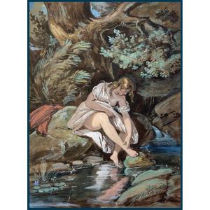 BOILLY Jules (1796-1874) "Femme au bord de la rivière" Dessin/Aquarelle et gouache, Signé