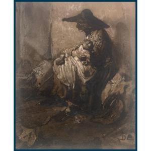 Decamps Alexandre Gabriel (1803-1860) "woman And Child" Drawing/brown Wash, White Gouache, Signed