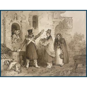 Charlet Nicolas-toussaint (1792-1845) "characters And Military" Brown Wash Drawing, Signed