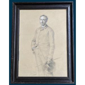 Mathey Paul (1844-1929) "portrait Of A Dandy" Drawing/black Pencil, White Gouache, Signed, One Dedication