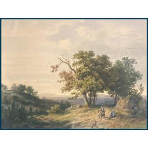 RICHARD Théodore (1782-1859) "Paysage et personnages" Aquarelle, Monogramme