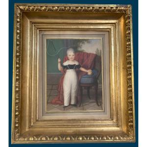 German School Of The Early 19th Century "young Boy With A Ball" Watercolor Drawing, Frame From The Early 19th Century