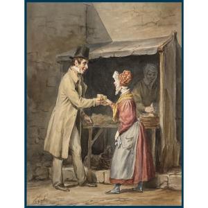 Pigal Jean-edmé (1798-1872) "a Man And A Woman With A Glass In Their Hand" Drawing/watercolor, Signed