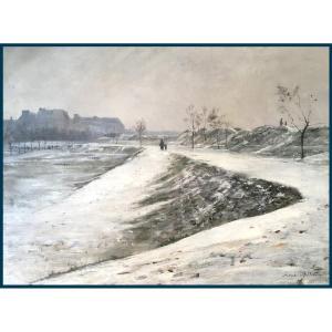 BILLOTTE René (1846-1914)"Paysage de neige aux alentours de Paris" Huile/toile, Signé,Cadre 19e