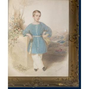 ANREITER Von Alois (1803-1882) "Jeune garçon" Dessin à l'aquarelle, Signé, Cadre du 19e siècle