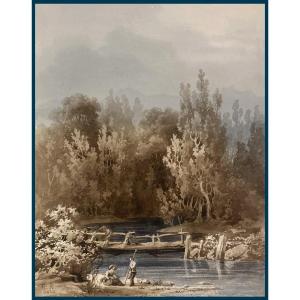 Richard Théodore (1782-1859) "figures On The Banks Of A River" Drawing/brown Wash, Watercolor