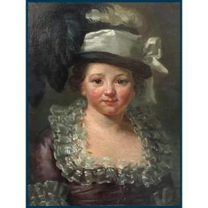 French School 18th Century "little Girl With A Hat" Oil On Canvas