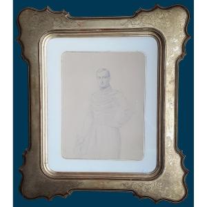 Flandrin Hippolyte (1809-1864) "cavalry Officer" Drawing/black Pencil, Signed, Dated, 19th Century Frame