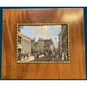 CANELLA Giuseppe (1788-1847) "Place de La Bourse à Paris" Huile/cuivre, Signé, Son cadre 1830