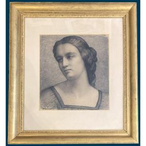 JANMOT Louis (1814-1892) "Tête de femme" Dessin au crayon noir, Signé et daté, Cadre du 19e