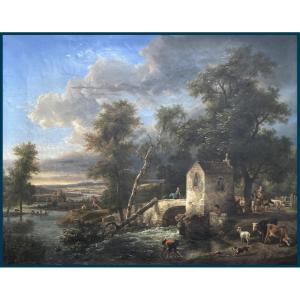 De Marne Jean-louis (1752-1829) Attributed To "landscape Animated" Oil/canvas, Beautiful Original Frame