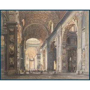 Marchi Vincenzo (1818-1894) "interior Of Saint Peter's In Rome" Watercolor Drawing, Signed