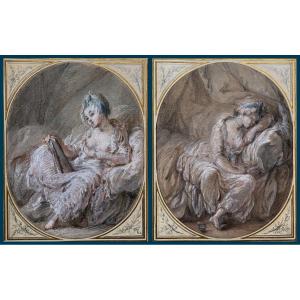 French School 18th"woman With Mirror" & "sleeping Woman" 2 Drawings/pastel, Attribution/baudoin