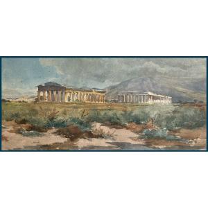 French School 19th Century "temples Of Paestum" Watercolor