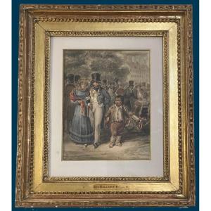 Bellangé Hippolyte (1800-1866) "street Scene" Drawing/watercolor, Signed And Dated, Original Frame