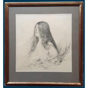 Leandre Charles (1862-1934) "portrait Of A Woman With Flowers" Black Pencil Drawing, Signed