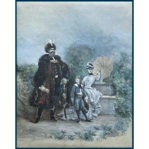 Clairin Georges (1843-1919) "russian Noble Family" Drawing/black Pencil, Watercolor, Gouache, Signed