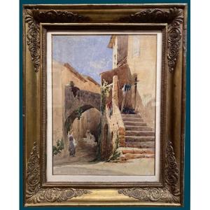 Papety Dominique (1815-1849) "house And Alley In The South Of France" Watercolor, Signed, Dated