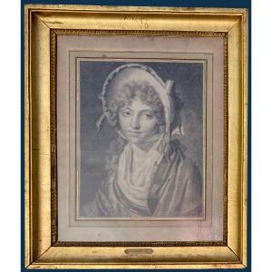 French School Circa 1800 "young Woman With A Hat" Black Pencil Drawing, Frame/cartouche Boilly