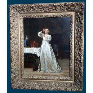 Willems Florent (1823-1905) "elegant In Her Interior" Oil/panel, Signed, Beautiful 19th Century Frame 